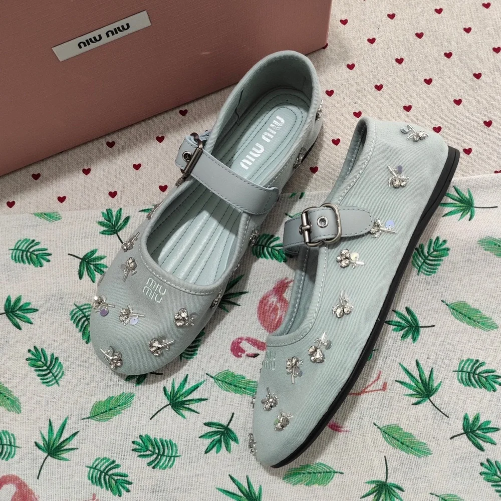 Miu Miu Pale Blue Jeweled Mary Jane Flats